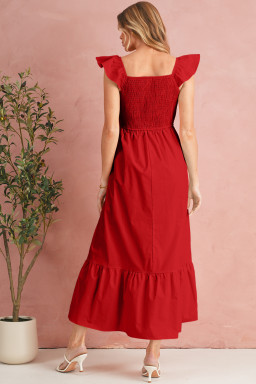 Fiery Red V Neck Flutter Sleeve Smocked Bodice High Waist Ruffle Maxi Dress