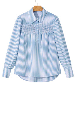 Sky Blue Striped Smocked Long Sleeve Quarter Button Shirt