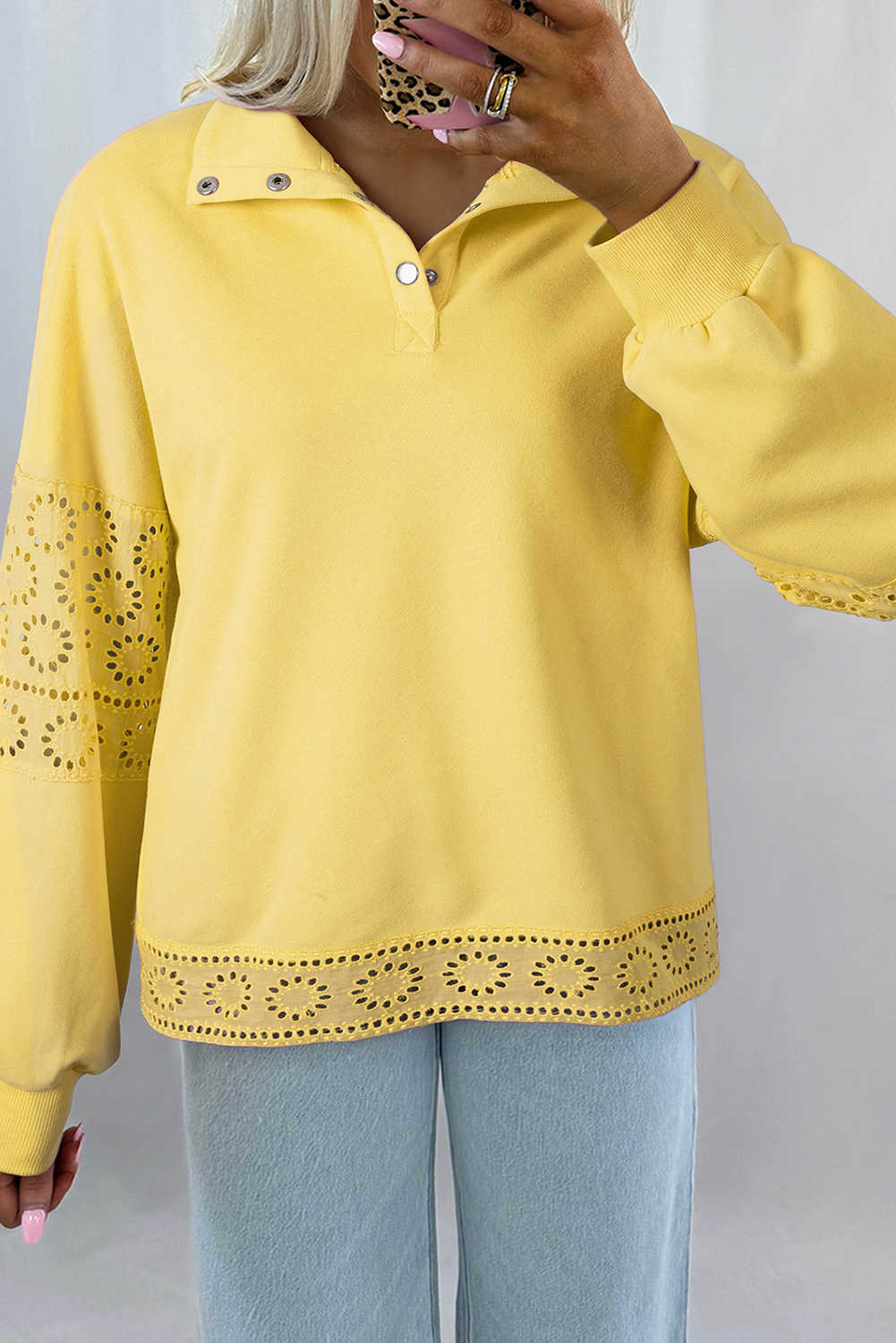 Yellow Cream Embroidered Flower Patchwork Snap Buttons Pullover Sweatshirt
