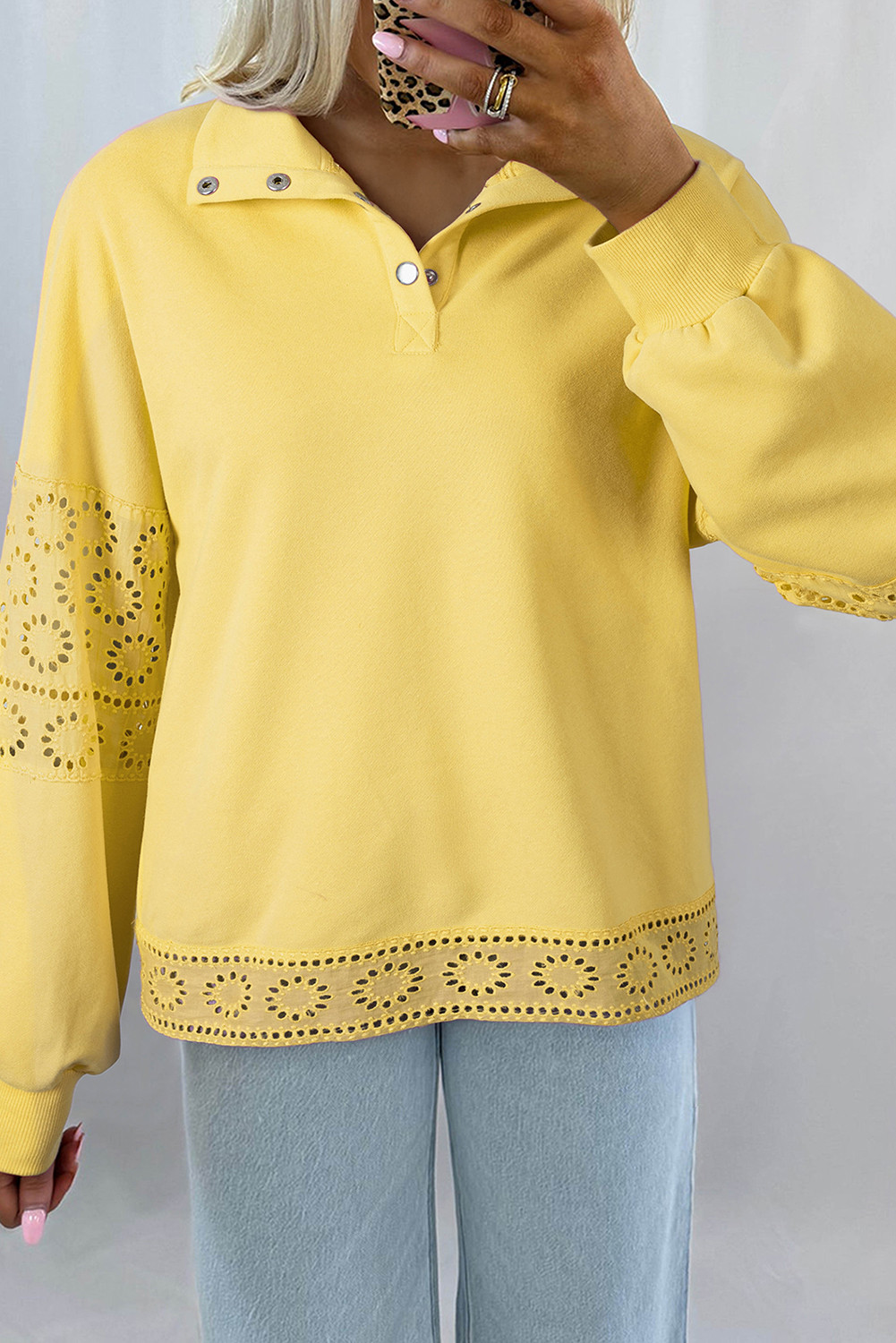 Yellow Cream Embroidered Flower Patchwork Snap Buttons Pullover Sweatshirt