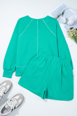 Dark Green V Neck Piping Trim Pullover Top and Shorts Set