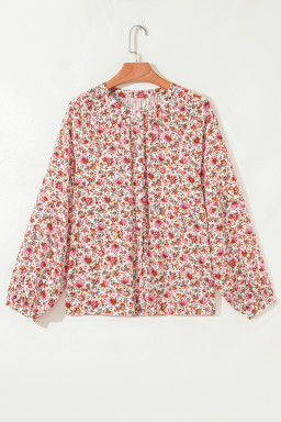 Red Floral Print Pleated Detail Notched Neck Puff Sleeve Blouse