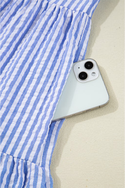 Sky Blue Striped Textured Bracelet Sleeve Tiered Mini Dress