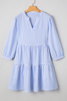 Sky Blue Striped Textured Bracelet Sleeve Tiered Mini Dress