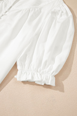 White Solid Color Frill Trim Puff Sleeve Blouse