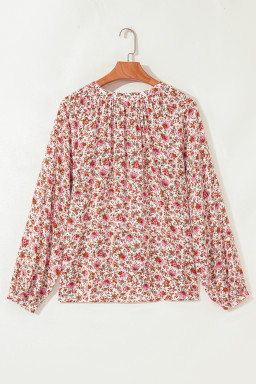 Red Floral Print Pleated Detail Notched Neck Puff Sleeve Blouse