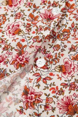 Red Floral Print Pleated Detail Notched Neck Puff Sleeve Blouse