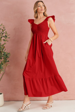 Fiery Red V Neck Flutter Sleeve Smocked Bodice High Waist Ruffle Maxi Dress