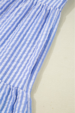 Sky Blue Striped Textured Bracelet Sleeve Tiered Mini Dress