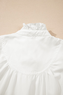 White Solid Color Frill Trim Puff Sleeve Blouse