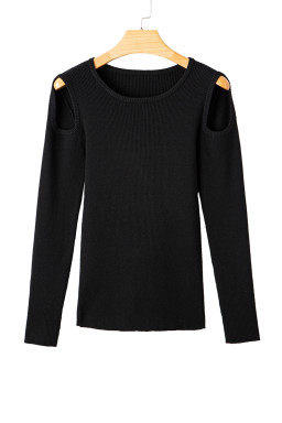 Black Ribbed Knit Cold Shoulder Plain Sweater