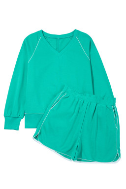 Dark Green V Neck Piping Trim Pullover Top and Shorts Set