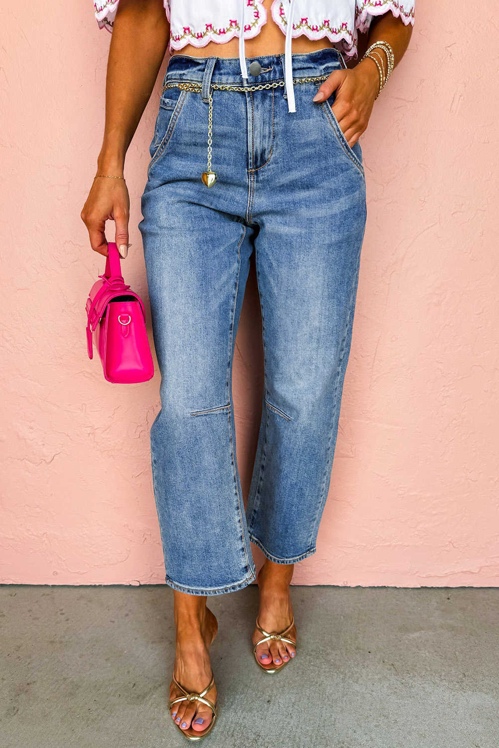 Dusk Blue High Waist Straight Leg Ankle Cropped Jeans