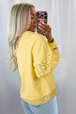 Yellow Cream Embroidered Flower Patchwork Snap Buttons Pullover Sweatshirt
