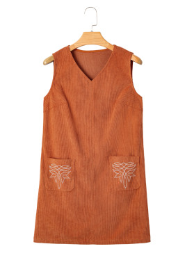 Gold Flame Corduroy Embroidered Patch Pocket Sleeveless Mini Dress