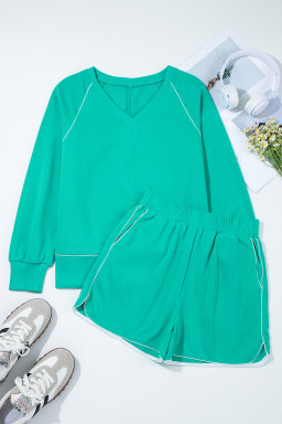 Dark Green V Neck Piping Trim Pullover Top and Shorts Set