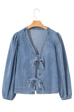 Dusk Blue Bow Tie Front Puff Sleeve Denim Top