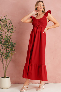 Fiery Red V Neck Flutter Sleeve Smocked Bodice High Waist Ruffle Maxi Dress