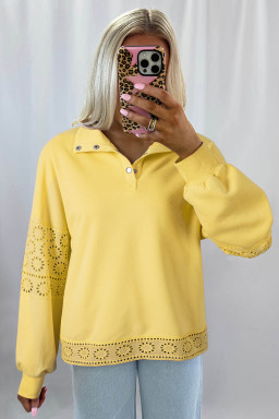 Yellow Cream Embroidered Flower Patchwork Snap Buttons Pullover Sweatshirt