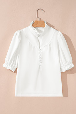 White Solid Color Frill Trim Puff Sleeve Blouse