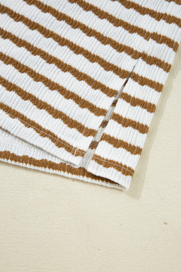 Khaki Stripe Textured Collared Pullover Top and Drawstring Pants Set