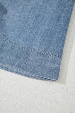 Dusk Blue Bow Tie Front Puff Sleeve Denim Top