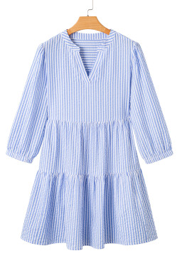 Sky Blue Striped Textured Bracelet Sleeve Tiered Mini Dress