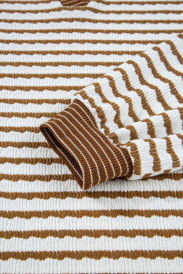 Khaki Stripe Textured Collared Pullover Top and Drawstring Pants Set