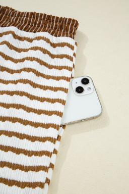 Khaki Stripe Textured Collared Pullover Top and Drawstring Pants Set