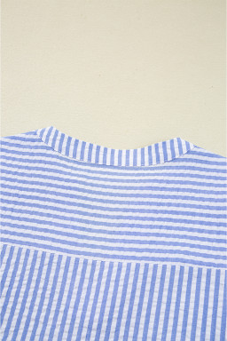 Sky Blue Striped Textured Bracelet Sleeve Tiered Mini Dress