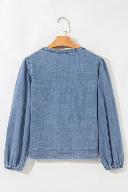 Dusk Blue Bow Tie Front Puff Sleeve Denim Top