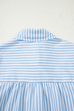 Sky Blue Striped Smocked Long Sleeve Quarter Button Shirt
