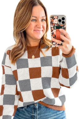 Brown Colorblock Checkered Drop Sleeve Plus Size Sweater