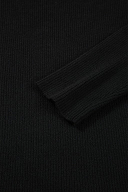 Black Ribbed Knit Cold Shoulder Plain Sweater
