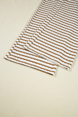 Khaki Stripe Textured Collared Pullover Top and Drawstring Pants Set