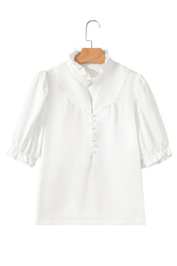 White Solid Color Frill Trim Puff Sleeve Blouse