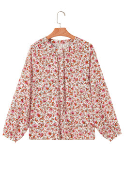 Red Floral Print Pleated Detail Notched Neck Puff Sleeve Blouse