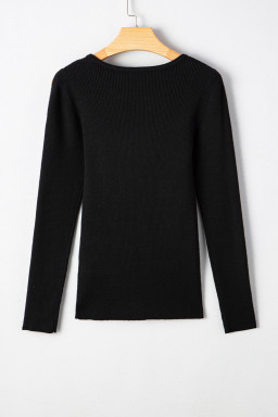 Black Ribbed Knit Cold Shoulder Plain Sweater