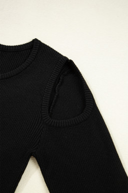Black Ribbed Knit Cold Shoulder Plain Sweater