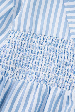 Sky Blue Striped Smocked Long Sleeve Quarter Button Shirt