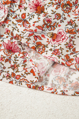 Red Floral Print Pleated Detail Notched Neck Puff Sleeve Blouse