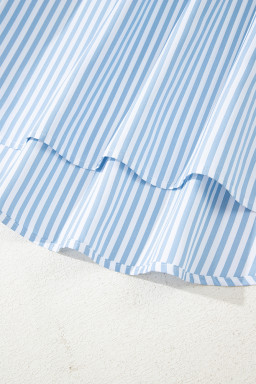 Sky Blue Striped Smocked Long Sleeve Quarter Button Shirt