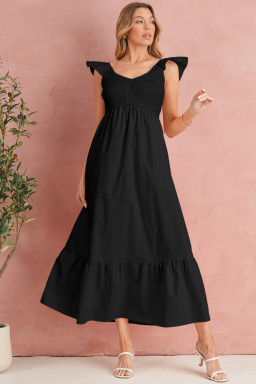 Black V Neck Flutter Sleeve Smocked Bodice High Waist Ruffle Maxi Dress