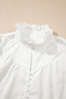 White Solid Color Frill Trim Puff Sleeve Blouse