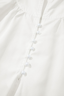 White Solid Color Frill Trim Puff Sleeve Blouse