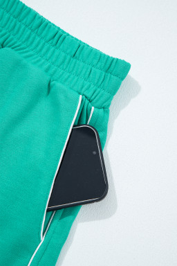 Dark Green V Neck Piping Trim Pullover Top and Shorts Set