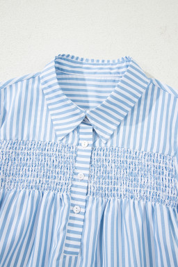 Sky Blue Striped Smocked Long Sleeve Quarter Button Shirt