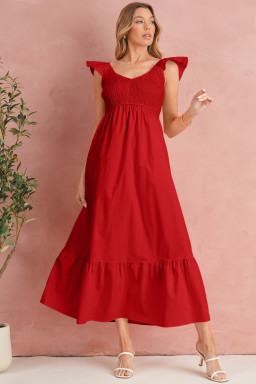 Fiery Red V Neck Flutter Sleeve Smocked Bodice High Waist Ruffle Maxi Dress