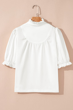 White Solid Color Frill Trim Puff Sleeve Blouse