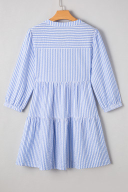 Sky Blue Striped Textured Bracelet Sleeve Tiered Mini Dress